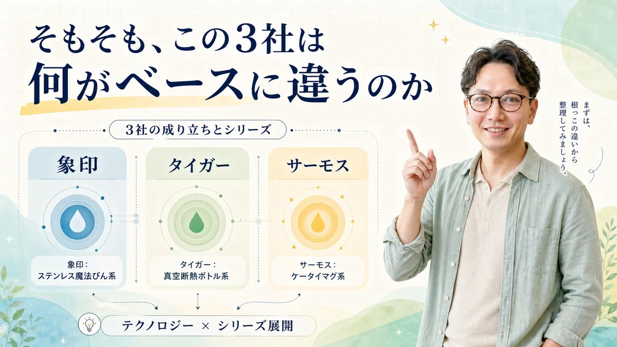 カジュアルなベージュのリネンシャツ姿のエスワン代表OMASAが、人差し指をやや立てた思索ポーズで「そもそも、この3社は何がベースに違うのか」と問いかけ、背景に象印・タイガー・サーモスの成り立ちと代表的シリーズを並べた3列の比較図を提示しているアイキャッチ画像。