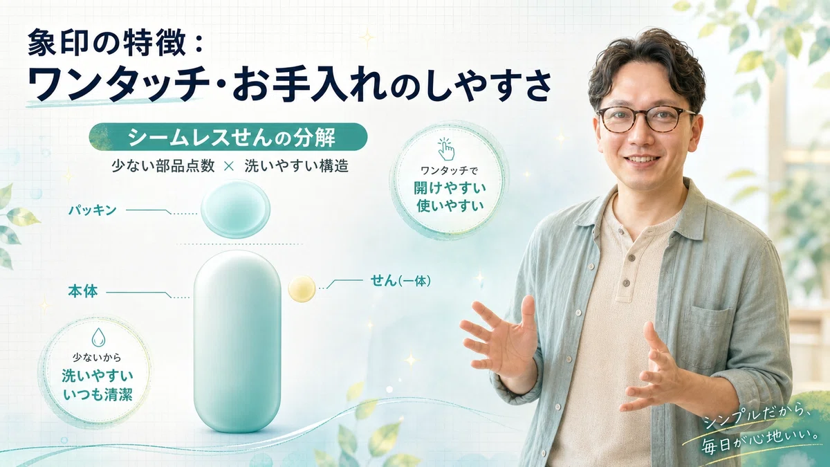 カジュアルなベージュのリネンシャツ姿のエスワン代表OMASAが、両手を軽く前に広げて「少ない部品でここまでシンプル」と示しながら、背景に象印の水筒「シームレスせん」の構成を最小限のパーツで描いた抽象的な分解図を提示しているアイキャッチ画像。