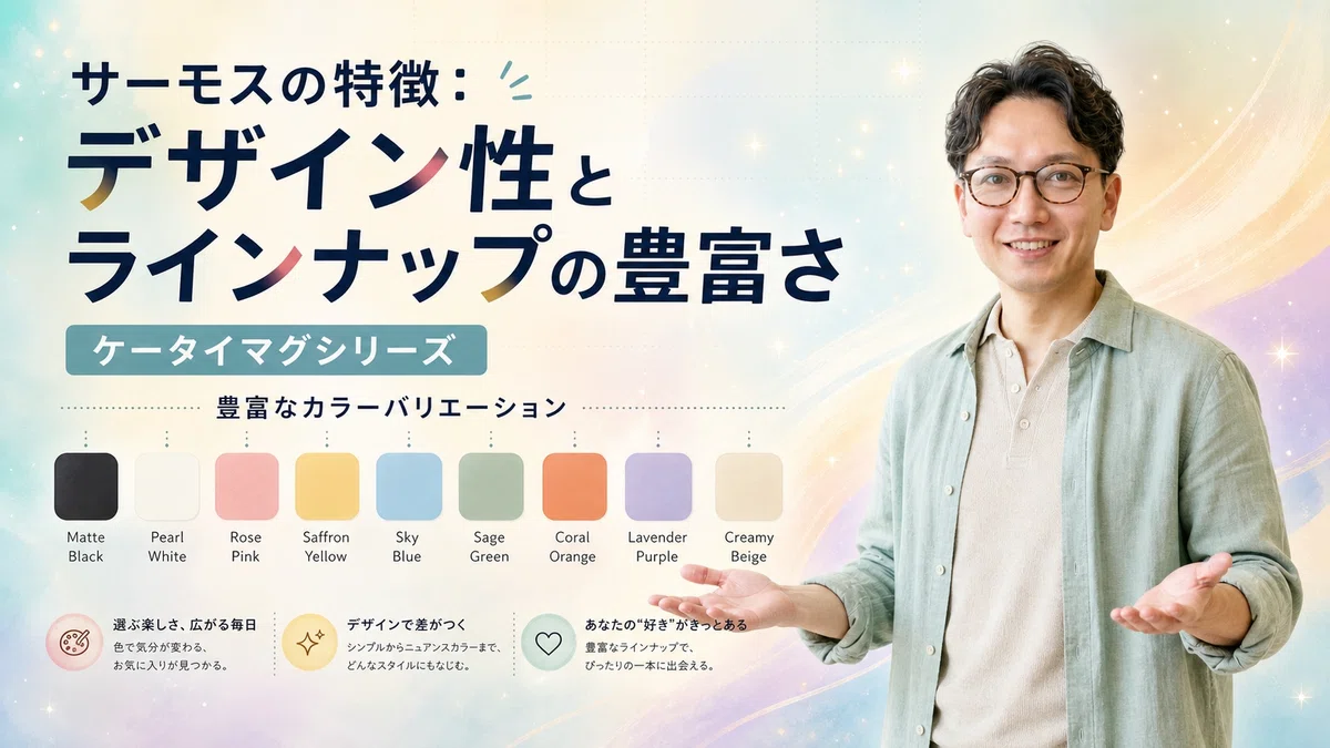 カジュアルなベージュのリネンシャツ姿のエスワン代表OMASAが、両腕を外側に開いて色とりどりの配列を見せびらかすように「豊富なバリエーション」と喜び、背景にサーモスのケータイマグシリーズの抽象的なカラーバリエーション(マットブラック・パールホワイト・ローズピンク・サフランイエロー・スカイブルー・セージグリーン・コーラルオレンジなど)を並べたデザイン性のある色彩提示をしているアイキャッチ画像。