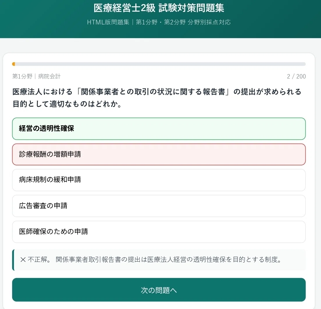 🏥【医療経営士2級】試験対策問題集 HTML版｜第1分野・第2分野 計200問