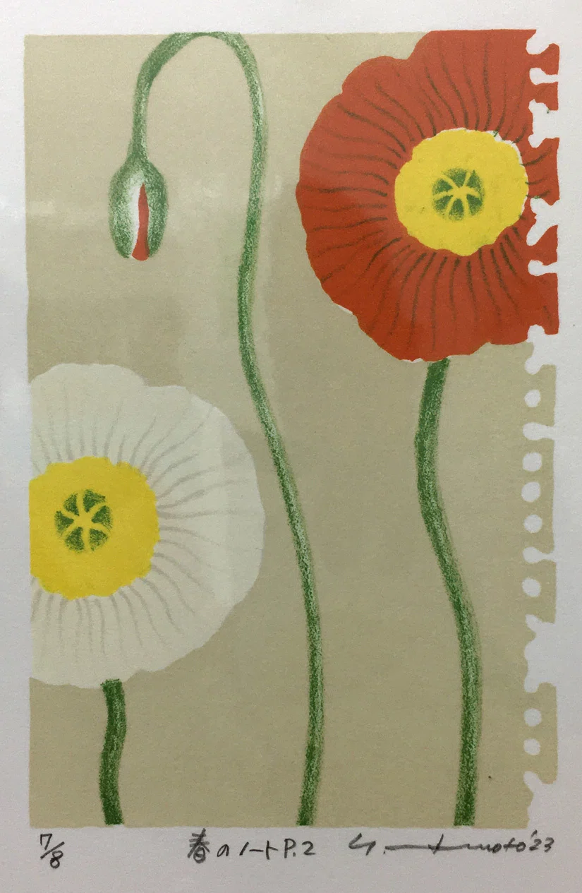 マツモトヨーコ　ドローイング　絵画　「微妙な関係」　ポピーと季節の花ばな マツモトヨーコ ドローイング 絵画 「微妙な関係」 ポピーと季節の花ば