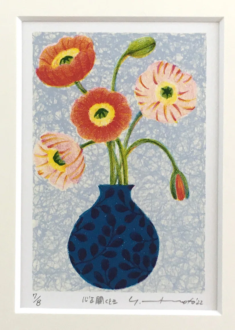 マツモトヨーコ　ドローイング　絵画　「微妙な関係」　ポピーと季節の花ばな マツモトヨーコ ドローイング 絵画 「微妙な関係」 ポピーと季節の花ば