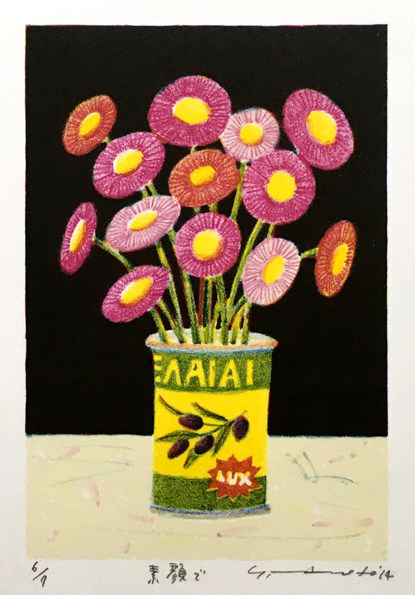 マツモトヨーコ ドローイング 絵画 「微妙な関係」 ポピーと季節の花ば
