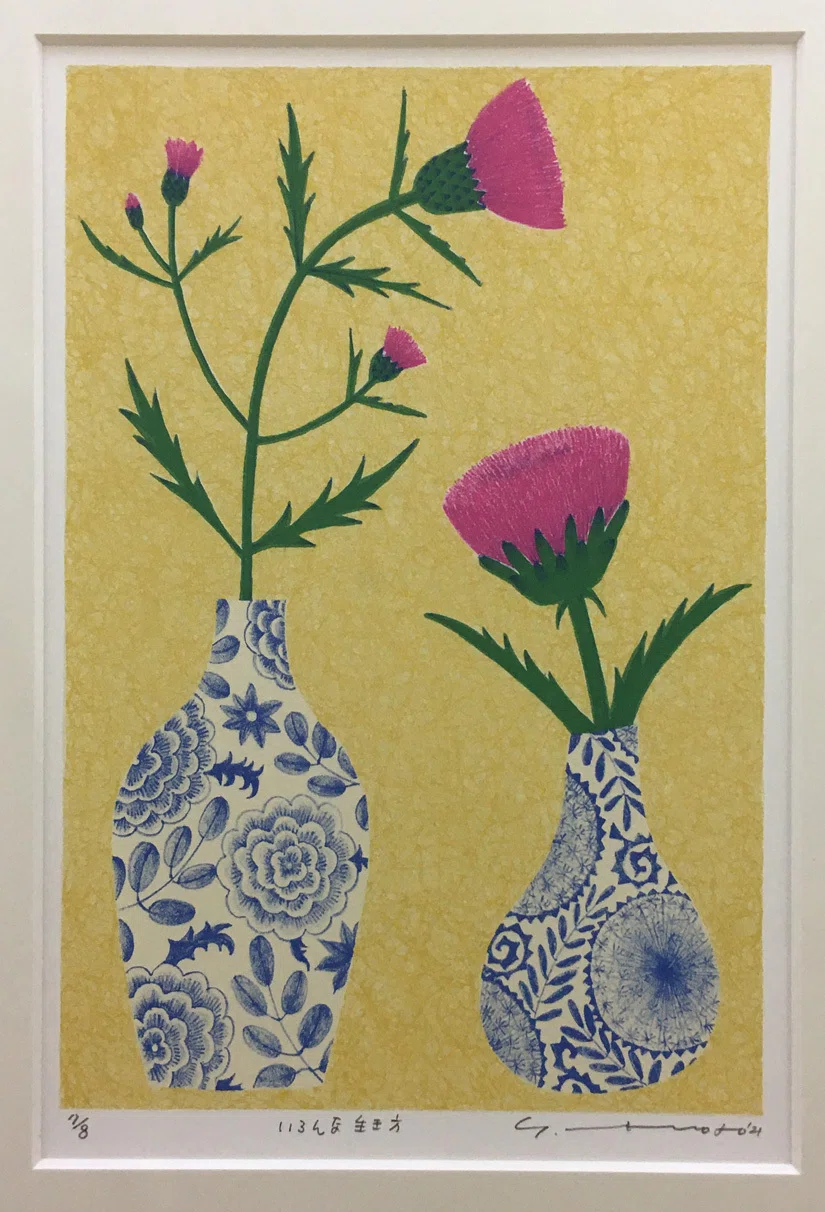 マツモトヨーコ　ドローイング　絵画　「微妙な関係」　ポピーと季節の花ばな マツモトヨーコ ドローイング 絵画 「微妙な関係」 ポピーと季節の花ば