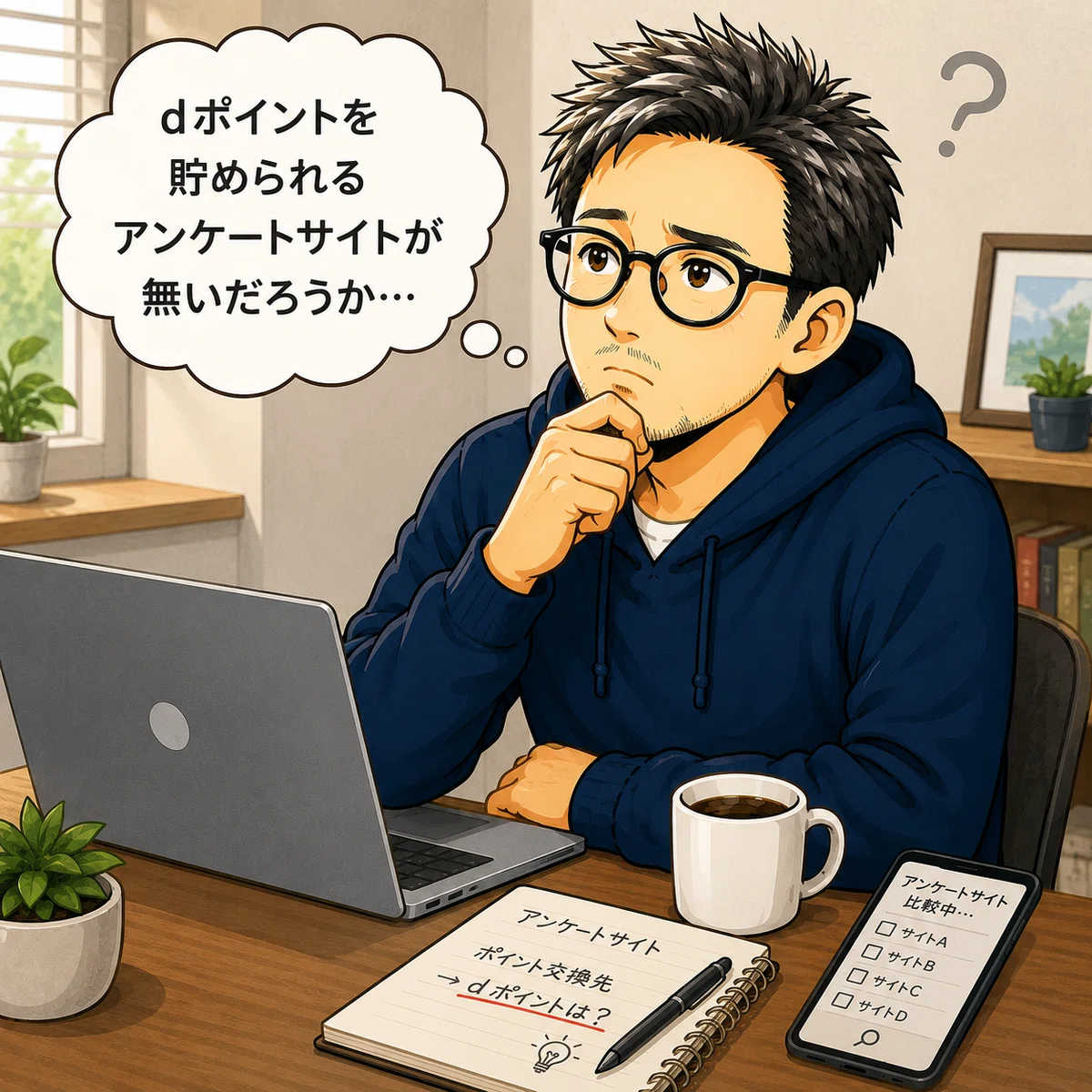 dポイントが貯まるサイトが無いか考えるポイおじの絵