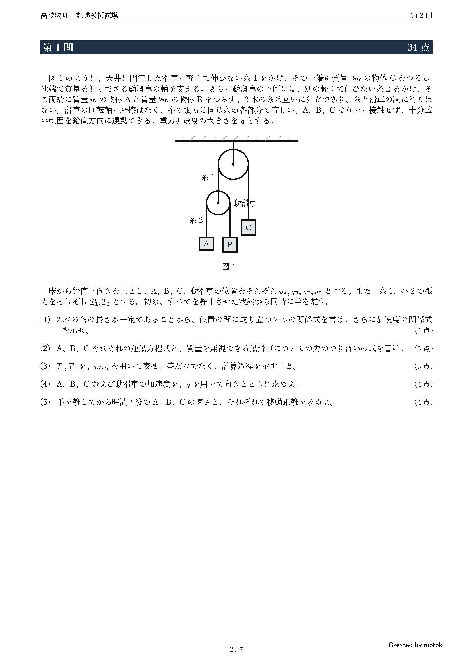 高校物理 河合塾 全統記述模試第2回模試 全5回 オリジナル模試セット