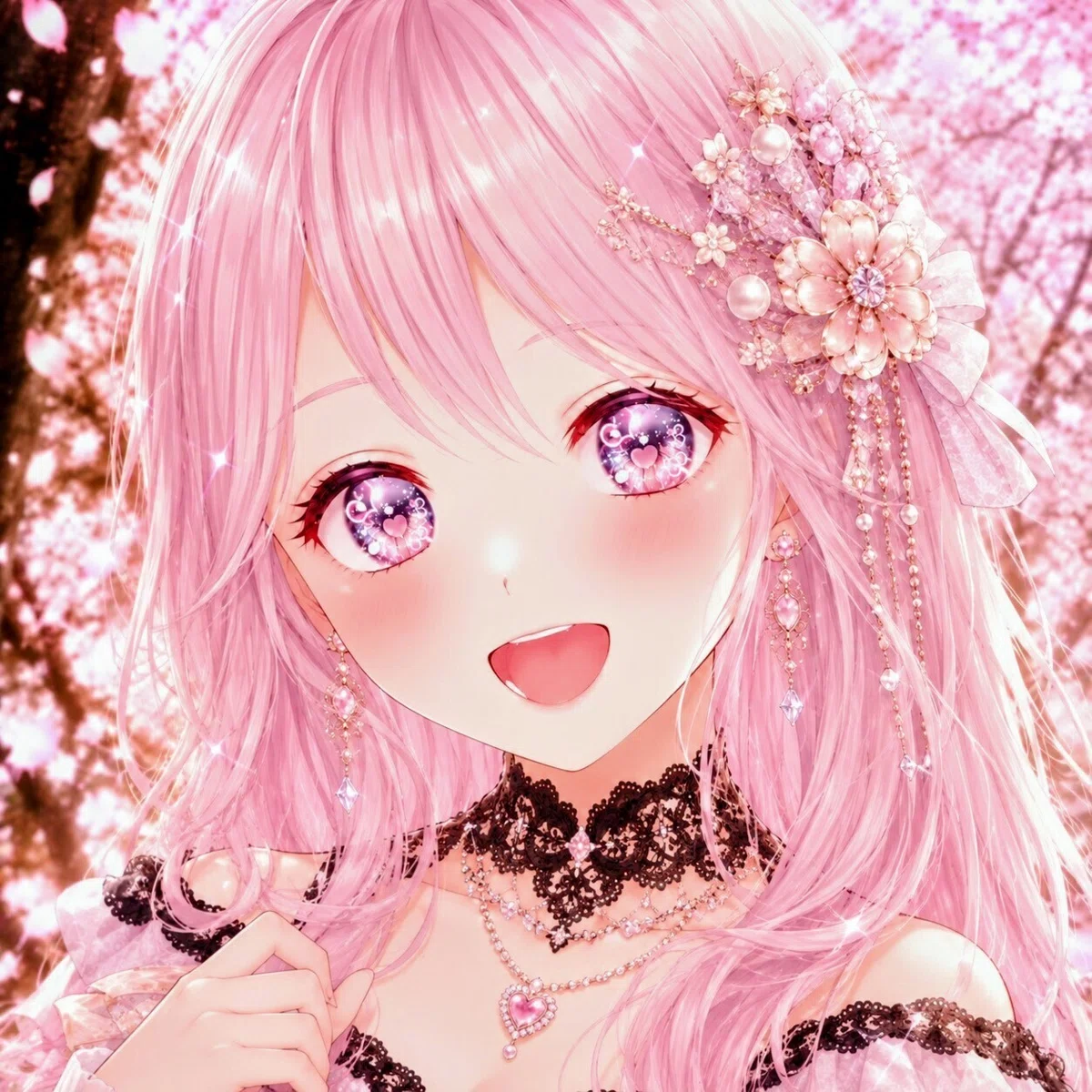 桜舞う背景にピンク色の髪とキラキラの瞳が可愛い、クリエイターKoroちゃんの新アイコンイラスト「Ichigo no Princess(一期のプリンセス)」