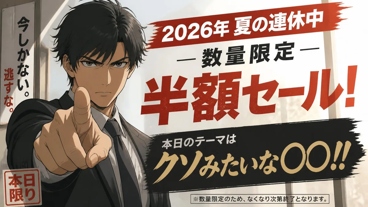 2026年夏の連休中の数量限定半額セール！本日のテーマはクソみたいな〇