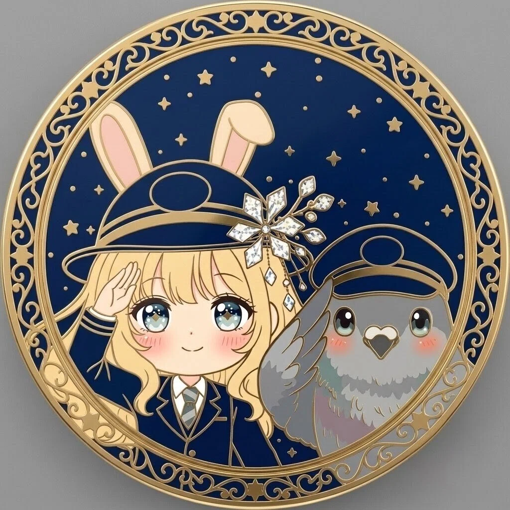 SuicaLovin（スイカラヴィン）の敬礼ポーズを描いた夢可愛いイラストアイコン♡ゴールドの装飾枠に収まった、エナメルピンバッジ風 Suicaの新キャラ候補『Suica Lovin』のペン活日記🐧🐇🕊️💖🌸🍀 #推し活  <a target=