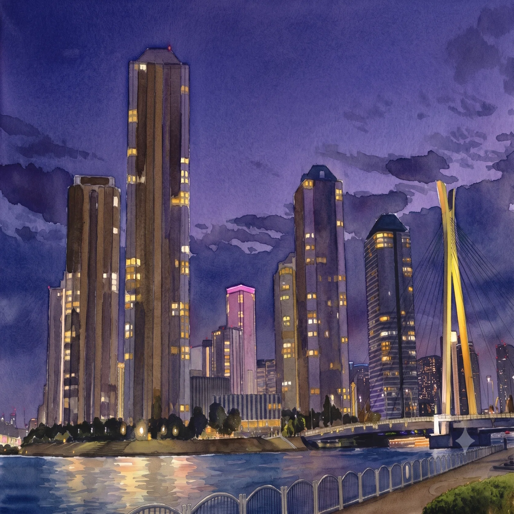 水彩画 風景画 塔と橋25✖️27 チュートリアルR3:32]隅田川 佃と中央大橋:水彩画《基本スタイル》WCH