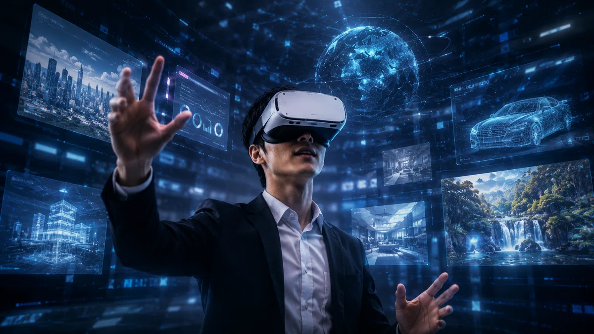 VRコンテンツ制作のイメージ｜VRヘッドセットを装着して仮想空間を体験するビジネスシーン