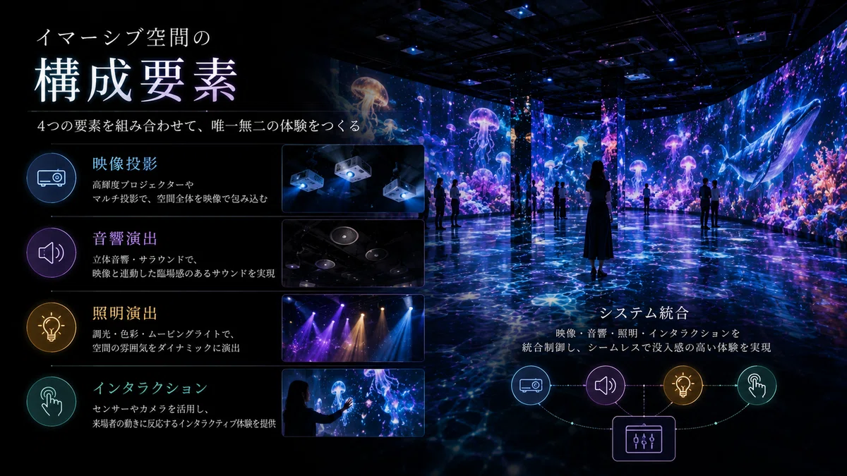 イマーシブ空間の構成要素|映像投影・音響・照明・センサー連動の統合演出