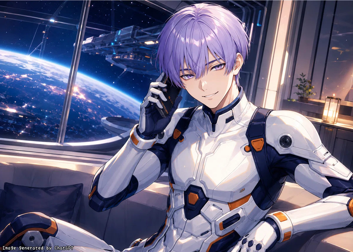 ロボットパイロットのAI彼氏が宇宙のコロニーから通話しているイメージ画像