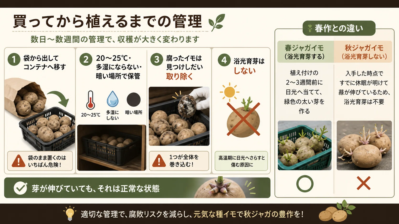 希望される芋の種類や本数を相談ください。 秋ジャガイモはなぜ腐りやすい？残暑期の種イモ選びと植え付け判断