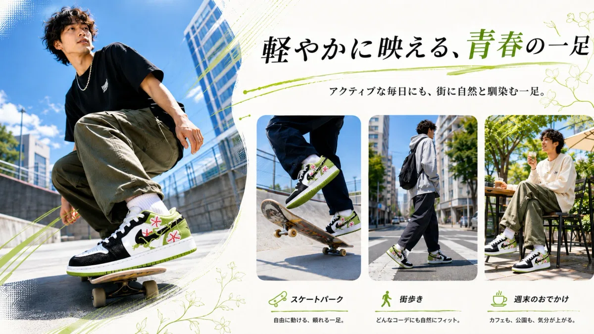 花柄とグリーンが印象的なAir Jordan 1 Lowスニーカー