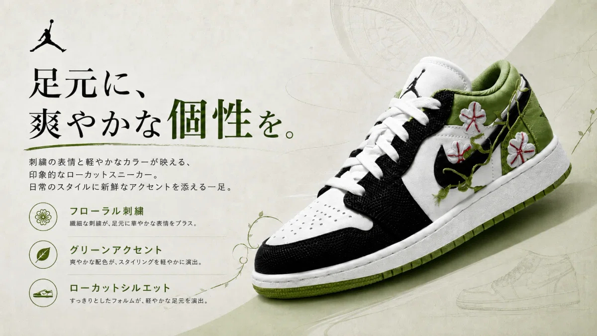 花柄デザインとグリーンを取り入れたAir Jordan 1 Lowスニーカー