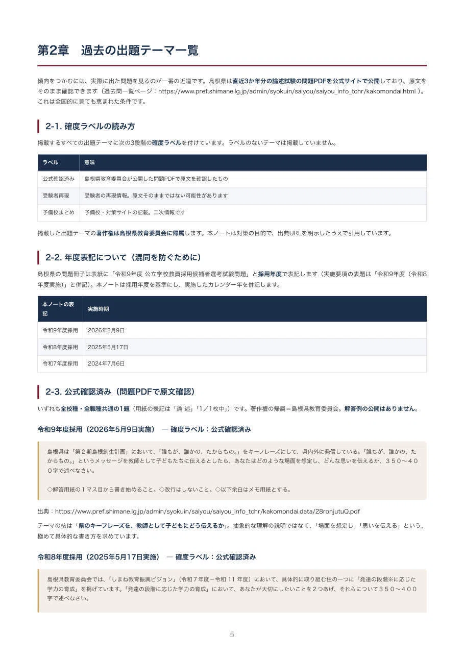 教員採用】島根県 教採 論文対策ノート｜本命予想と模範解答つき