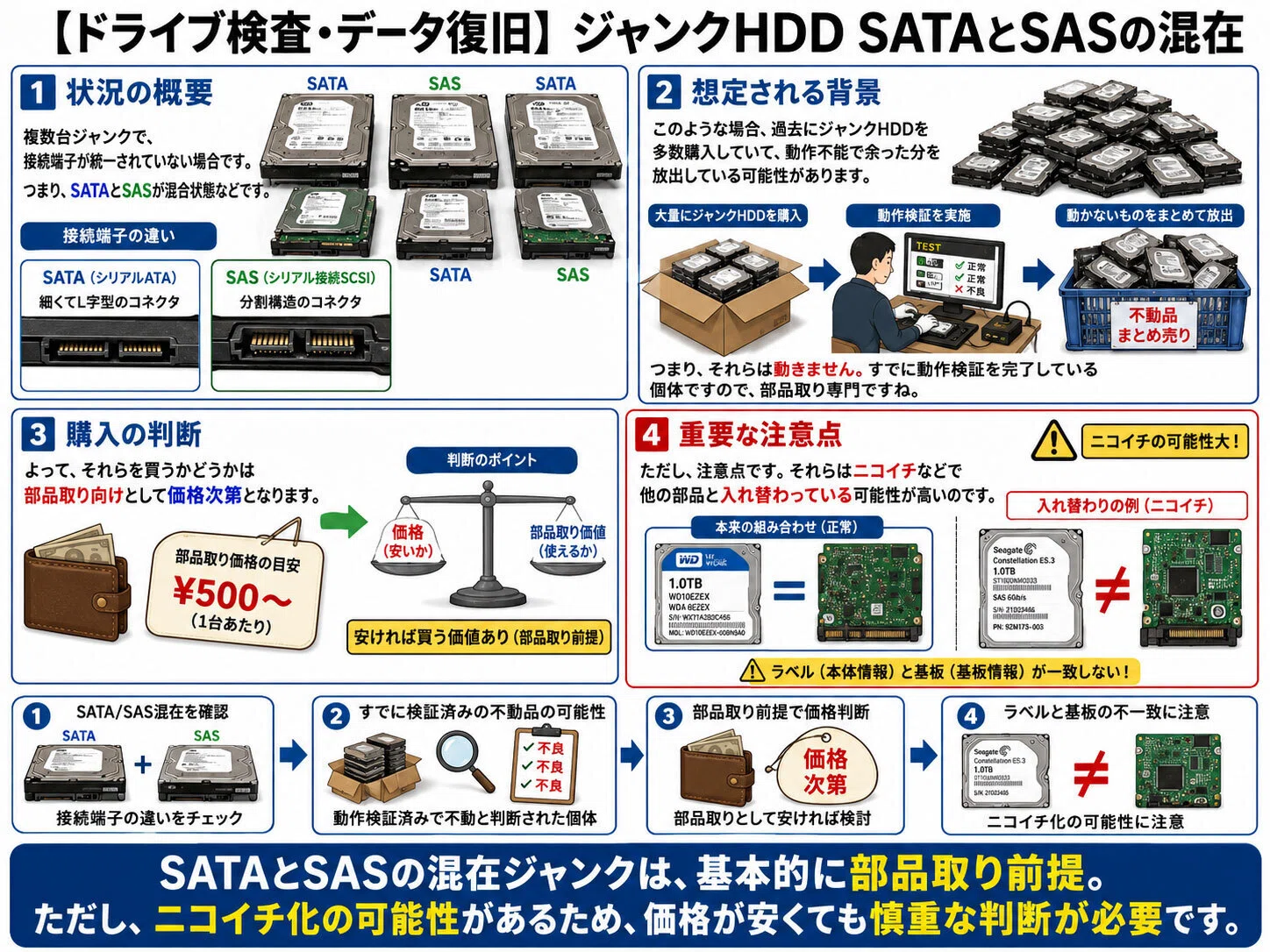 ドライブ検査・データ復旧】ジャンクHDD SATAとSASの混在 複数台