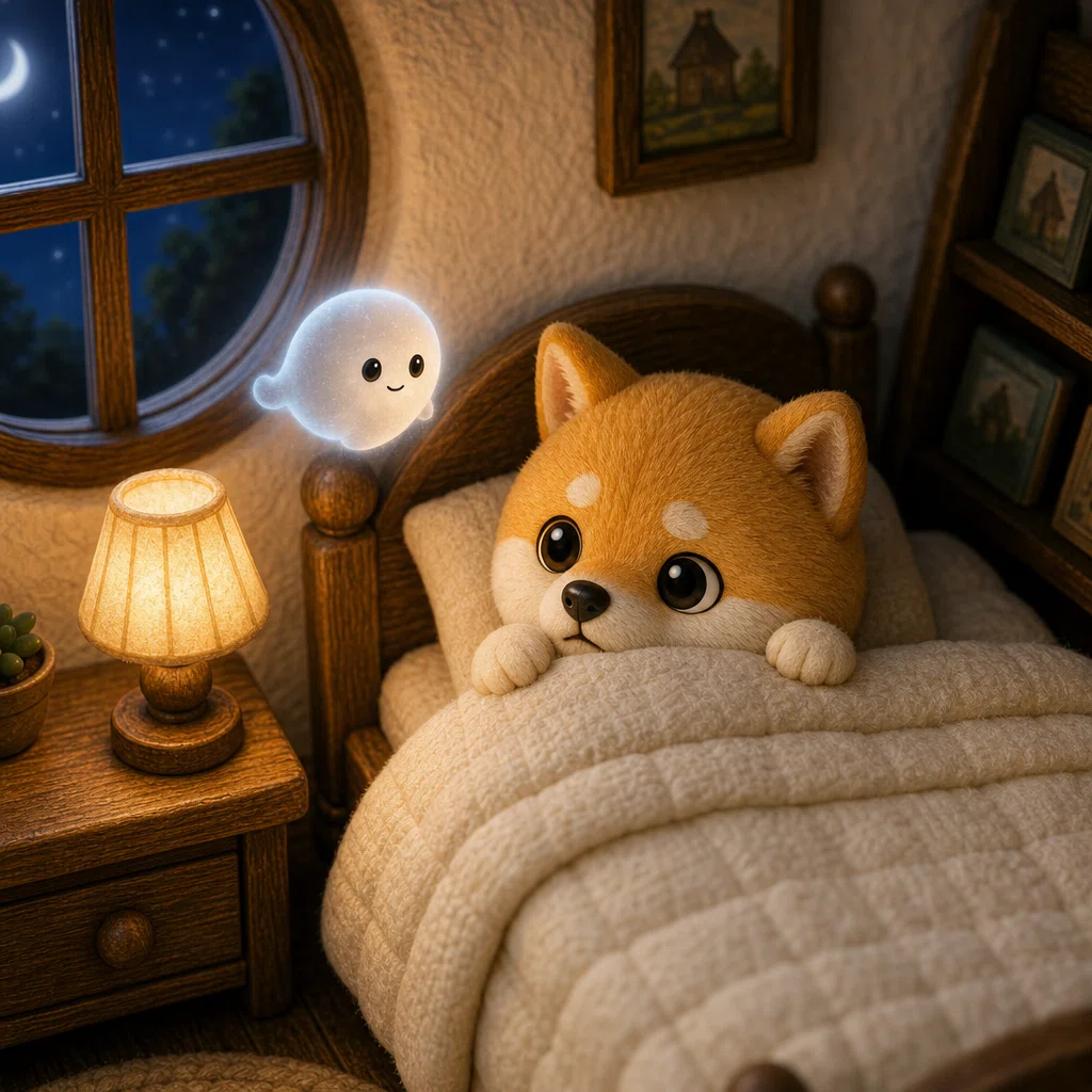 寝ようとしたらおばけが出て少し怖がる子犬の画像