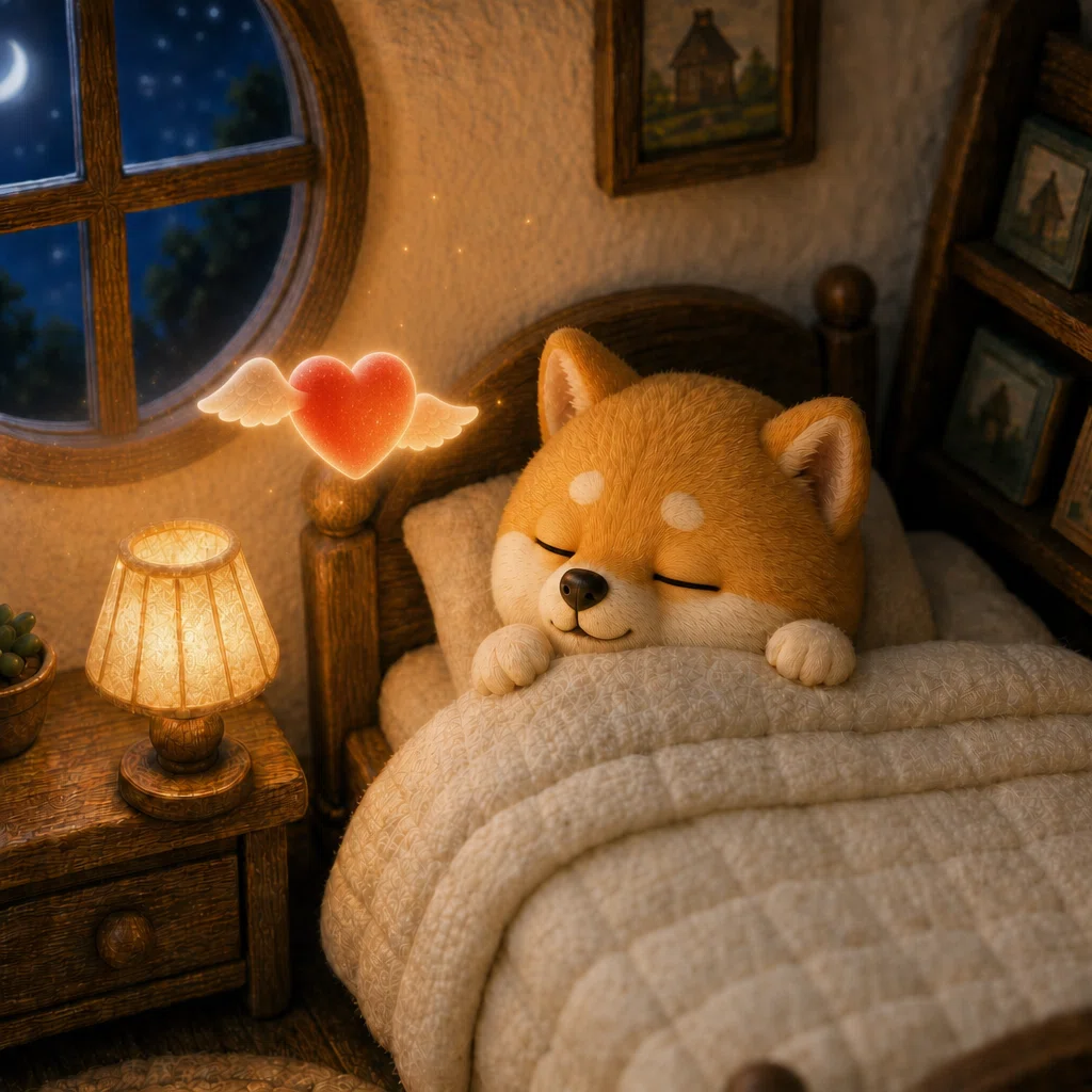 ハートが見守る中、安心して眠る子犬