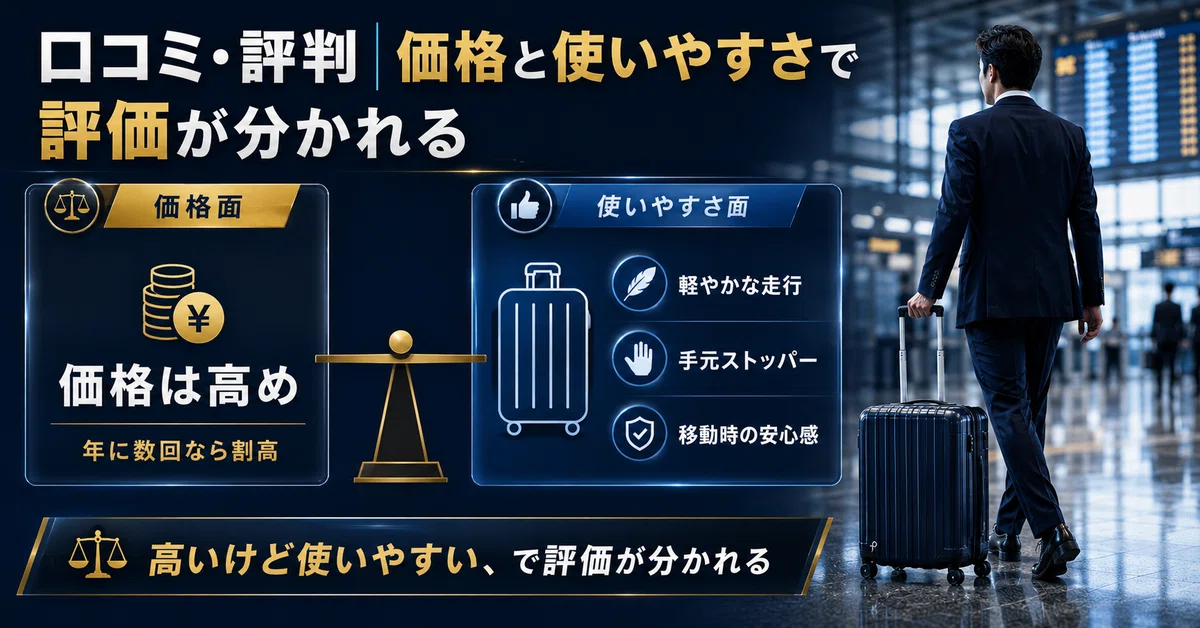 プロテカのスーツケースの口コミ・評判を価格と使いやすさで比較した図。価格は高めだが、軽やかなキャスター走行や手元ストッパー、移動時の安心感が評価ポイントになることを紹介