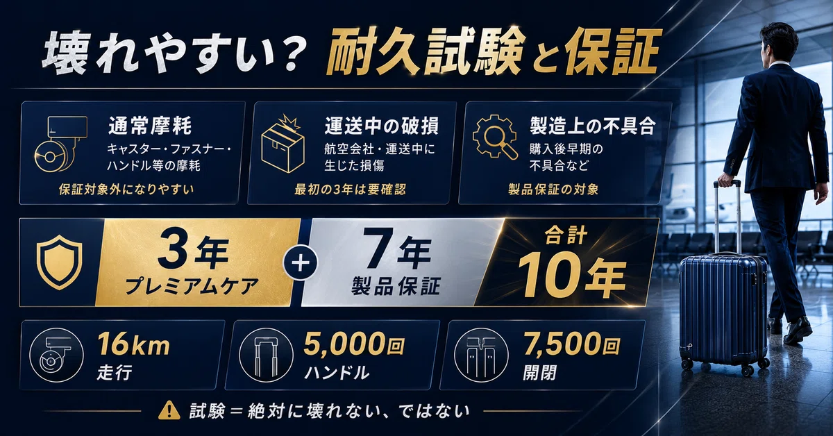 プロテカのスーツケースは壊れやすいのかを耐久試験と保証制度から整理した図。通常摩耗、運送中の破損、製造上の不具合の違いと、3年のプレミアムケア、7年の製品保証、16km走行やハンドル5000回、開閉7500回の耐久試験を紹介