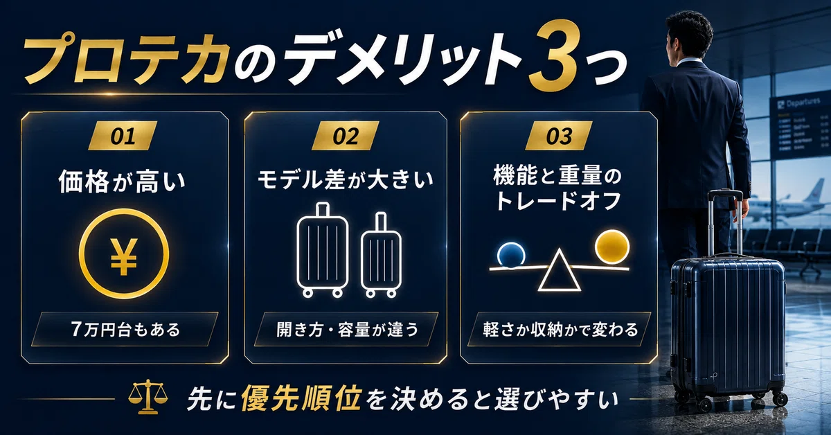 プロテカのスーツケースのデメリット3つをまとめた図。価格が高いこと、モデルによって開き方や容量が異なること、機能と本体重量にトレードオフがあることを紹介
