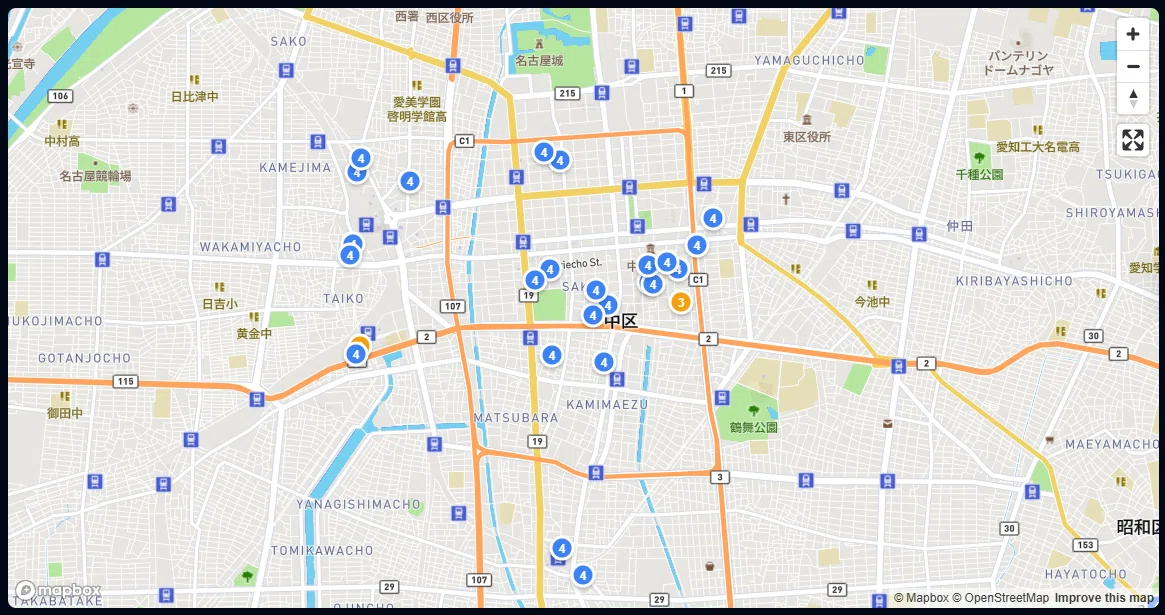 車中泊スポットが表示された地図画面