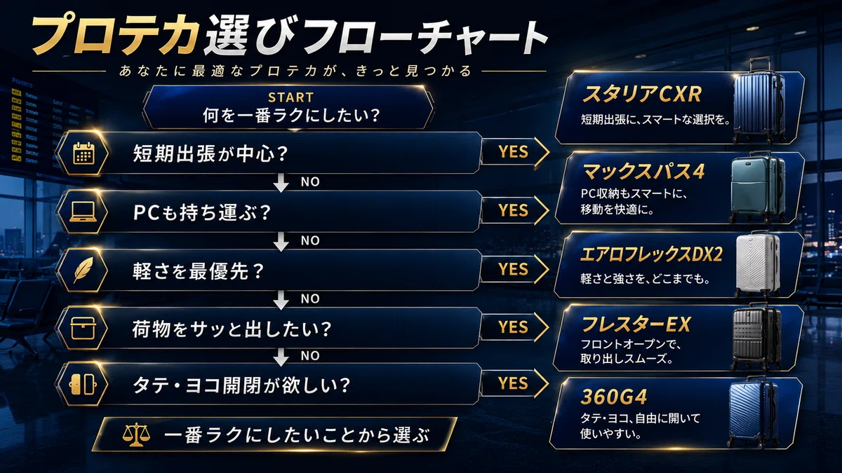 プロテカのスーツケースを用途から選ぶフローチャート。短期出張ならスタリアCXR、PCを持ち運ぶならマックスパス4、軽さ重視ならエアロフレックスDX2、荷物を取り出しやすくしたいならフレスターEX、縦横から開きたいなら360G4へ分岐して選べる図