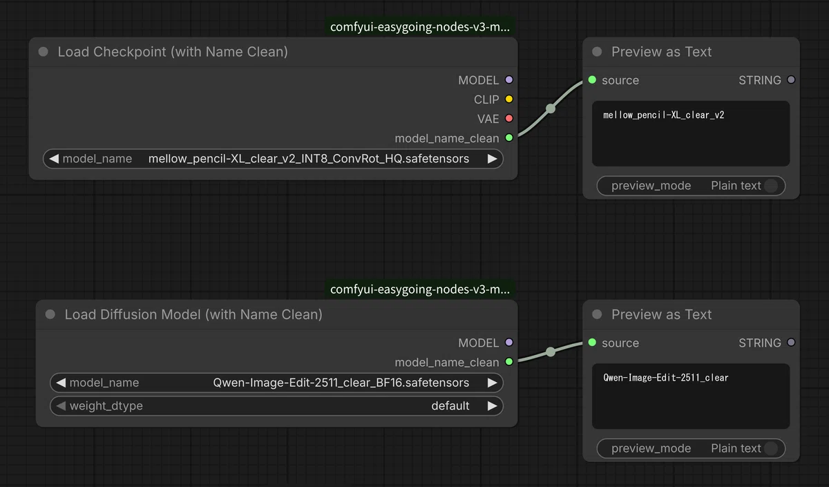 Load Checkpoint (with Name Clean) と Load Diffusion Model (with Name Clean) ノードの画面