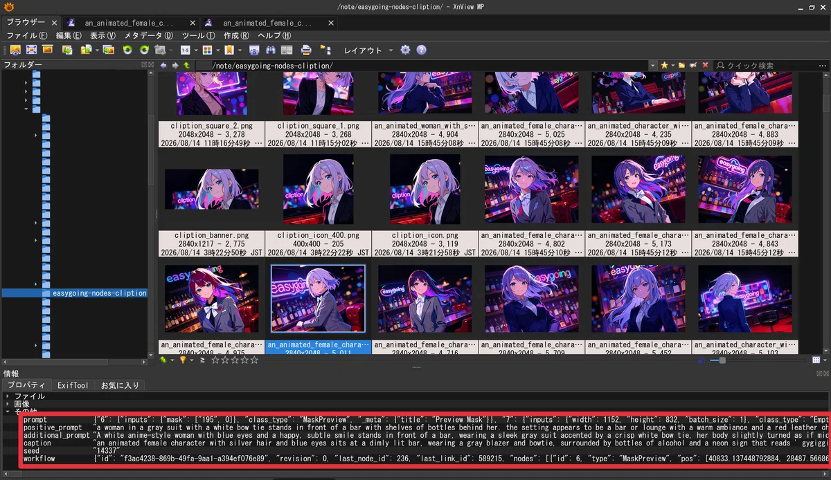 XnView MPで画像のメタデータを表示した画面。positive_prompt・additional_prompt・caption・seed・workflowが確認できる