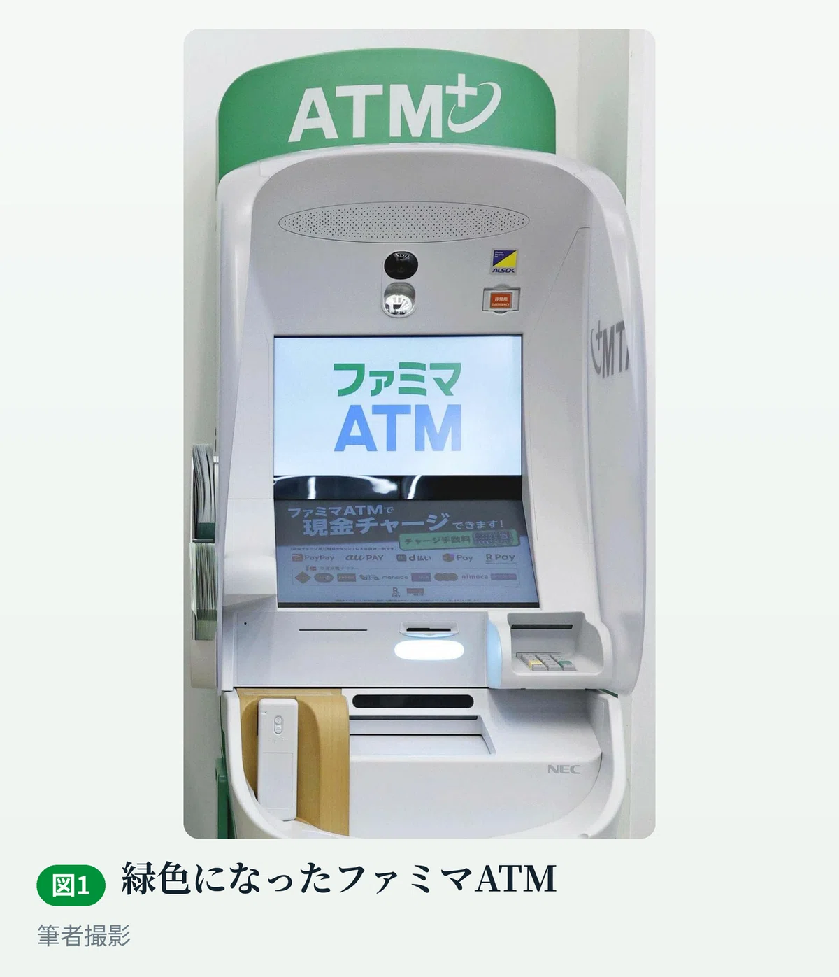 ファミリーマート店内に設置されたファミマATMの写真。上部のフードがファミリーマートの緑色で「ATM」と表示され、本体は白い筐体。画面には「ファミマATM」と表示され、その下の帯に「ファミマATMで現金チャージできます!」「チャージ手数料無料」の告知と、PayPay、au PAY、d払い、メルペイ、楽天ペイなどのロゴが並んでいる。右下にNECの表記、上部にALSOKのステッカーと非常用ボタンがある。