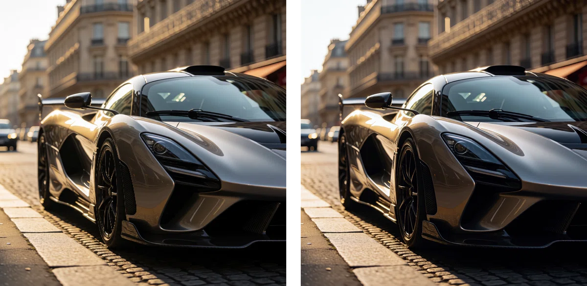 スポーツカーの比較画像。左がオリジナル、右がHDR Effects with LAB Adjusts処理後。黒を落としてコントラストを強調