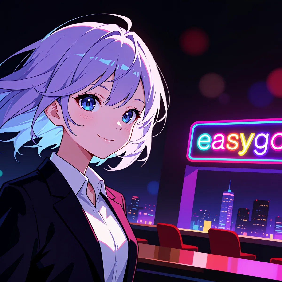 「easygoing」ネオンサインのバーで銀髪の女性がこちらを振り向いて微笑むアニメイラスト