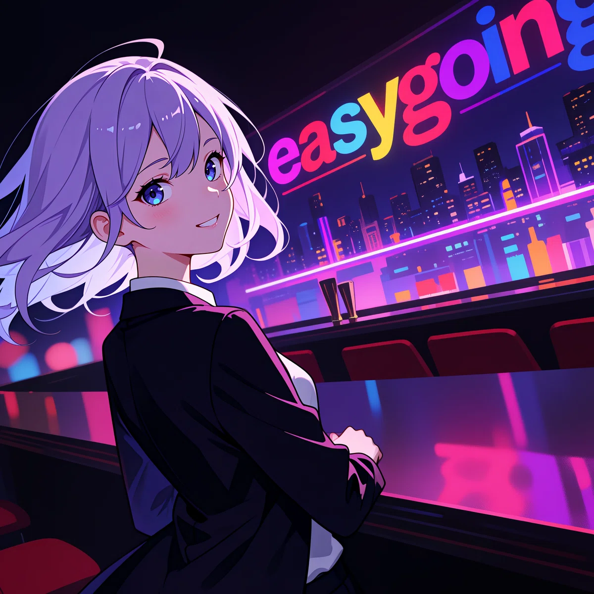 ネオンの「easygoing」サインを背景に、バーで後ろを振り返る銀髪のアニメ女性のイラスト