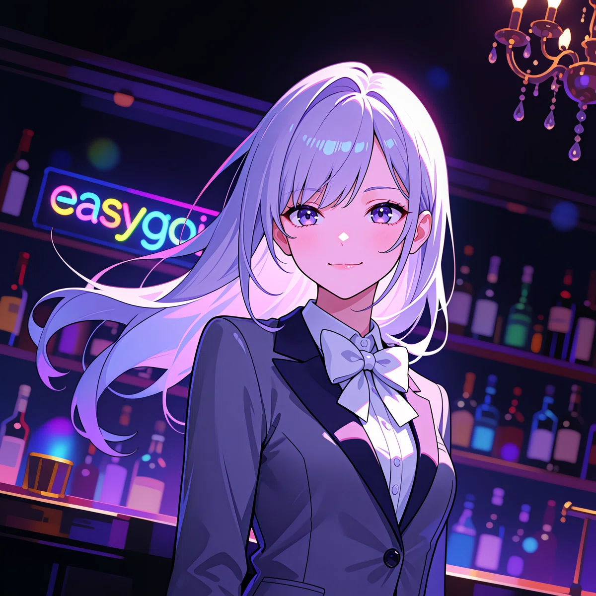 バーを背景に微笑む銀髪のアニメ女性。蝶ネクタイ付きのスーツ姿