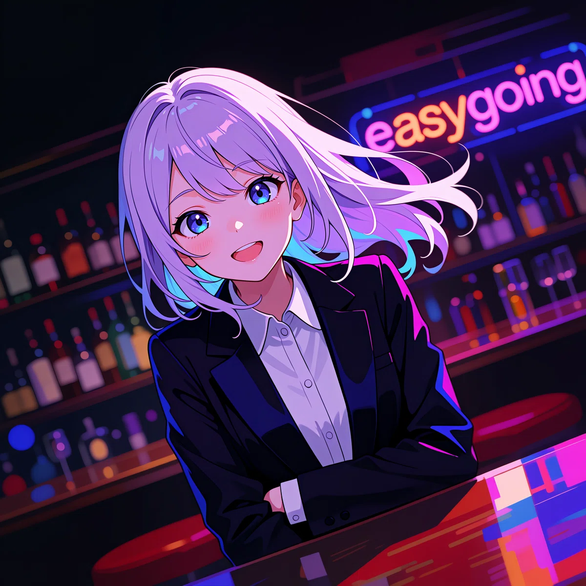 「easygoing」ネオンサインのバーで微笑む銀髪の女性のアニメイラスト