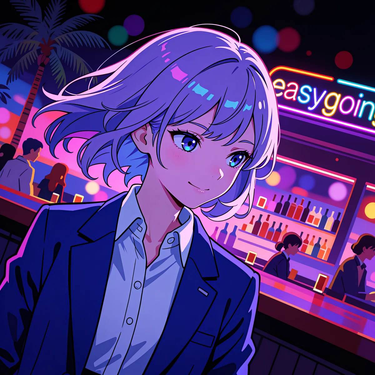 「easygoing」ネオンサインのバーで微笑む紫色の髪の女性のアニメイラスト
