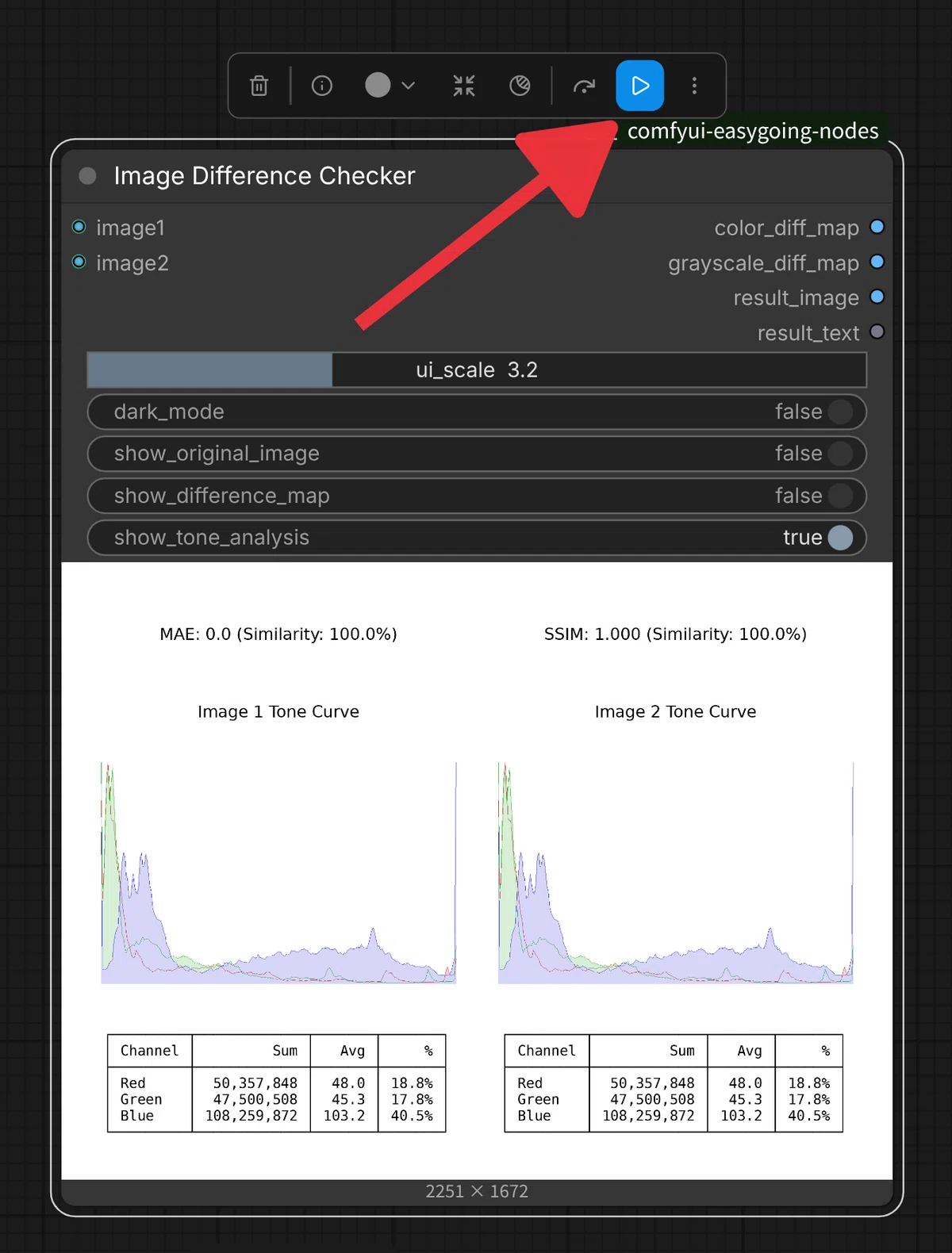 Image Difference Checker ノードを選択した状態で、上部の青い部分実行ボタン（再生アイコン）を指し示す矢印