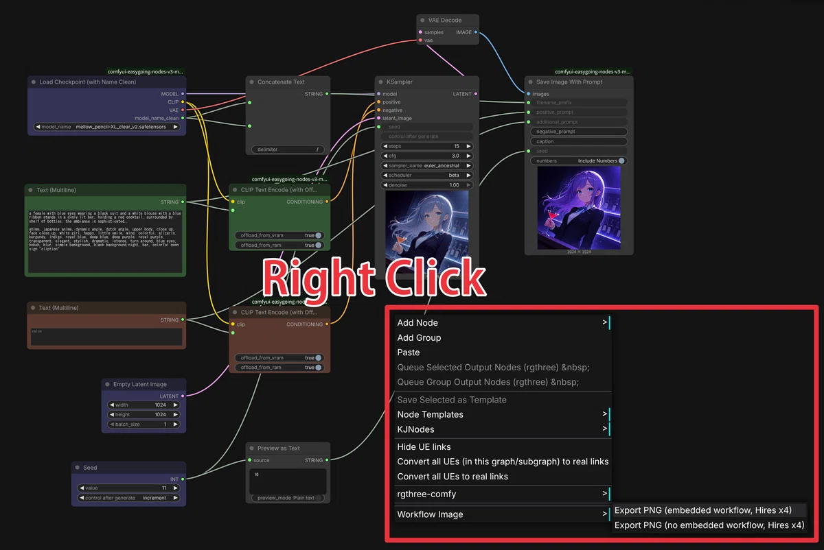 ComfyUIのワークフロー画面で右クリックメニューを開き、「Workflow Image」から「Export PNG (embedded workflow, Hires x4)」を選択する様子