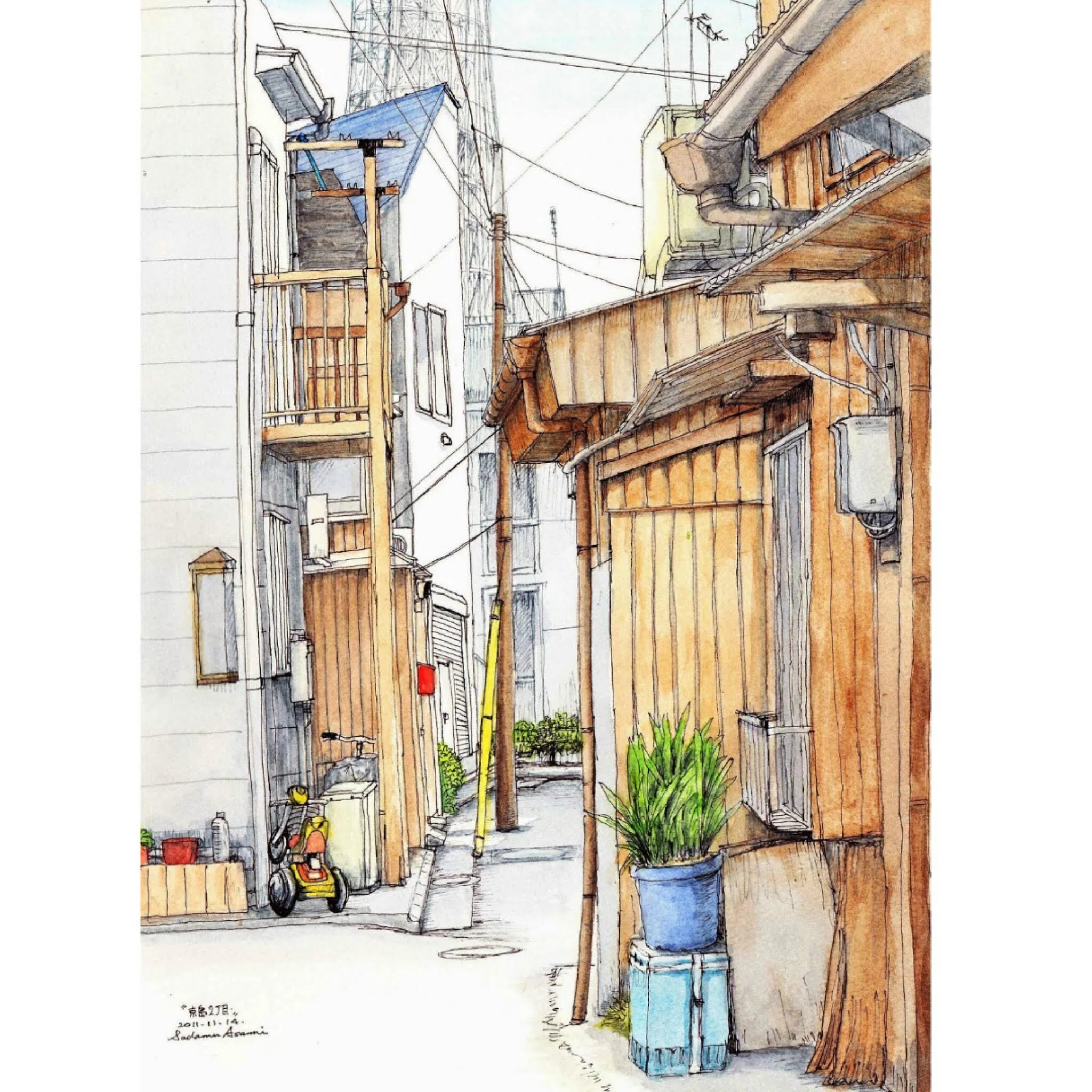 水彩画　昭和レトロ場末スナックの路地 作品No-30 路地 京島2丁目｜あさみさだむ