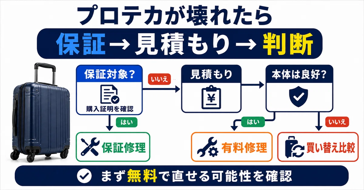 プロテカのスーツケースが壊れたときの判断フロー。購入証明を確認して保証対象なら保証修理、対象外なら見積もりを取り、本体が良好なら有料修理、劣化が大きければ買い替えを比較する流れ