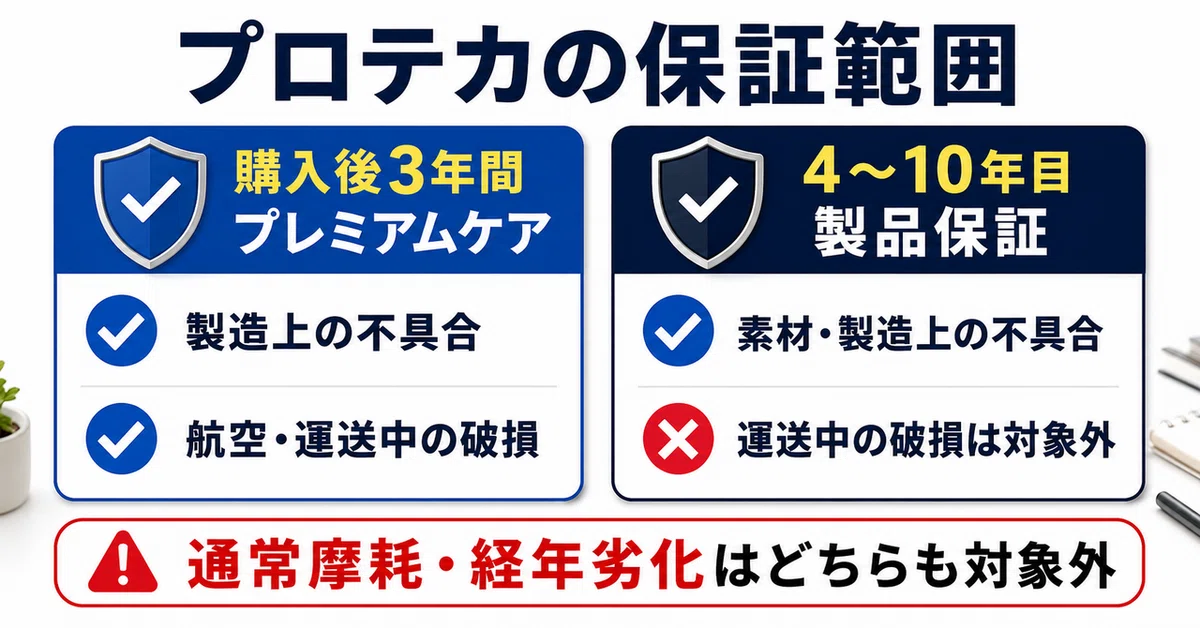 プロテカの保証範囲の比較。購入後3年間のプレミアムケアは製造上の不具合と航空会社・運送会社による破損が対象。4〜10年目の製品保証は素材・製造上の不具合が対象で、運送中の破損は対象外。通常摩耗と経年劣化はどちらの保証でも対象外