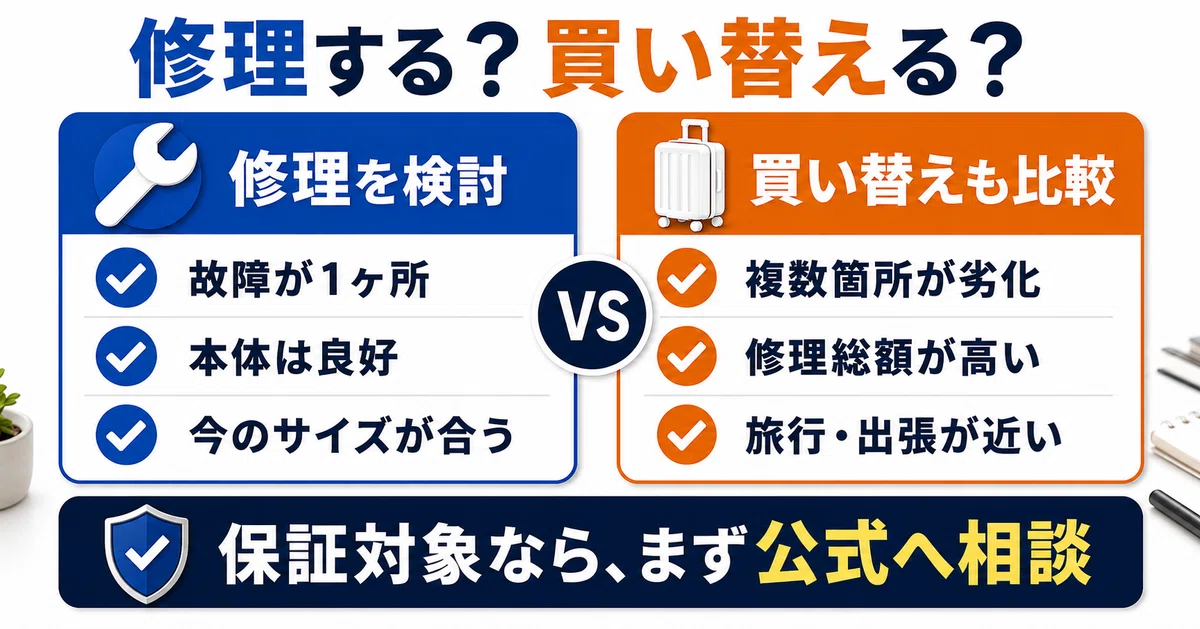 プロテカを修理するか買い替えるかの判断比較。故障が1ヶ所で本体が良好、現在のサイズが合う場合は修理を検討。複数箇所が劣化している、修理総額が高い、旅行や出張が近い場合は買い替えも比較し、保証対象なら最初に公式へ相談する