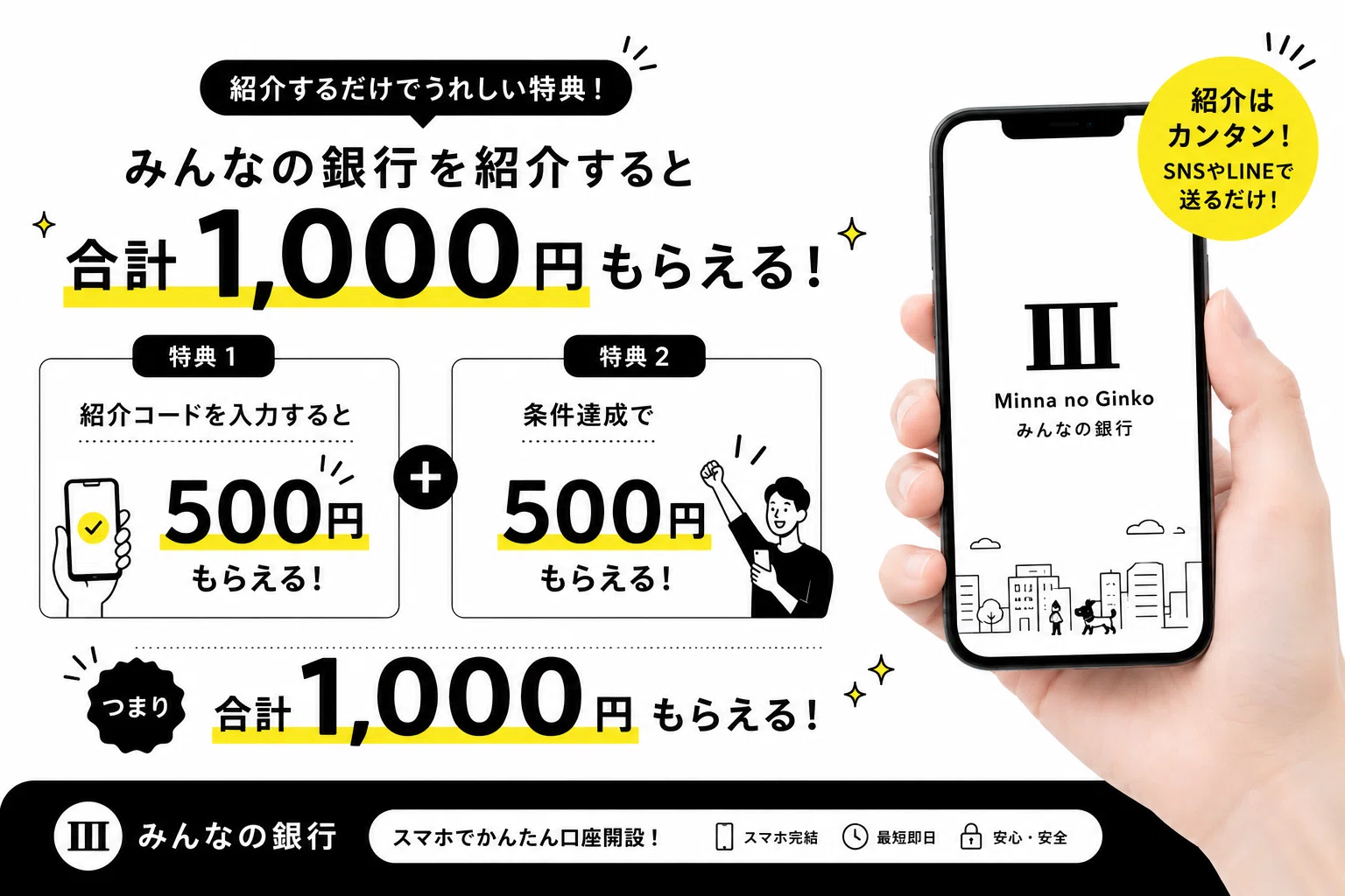 みんなの銀行で最大限1000円もらえる！紹介コード｜ai