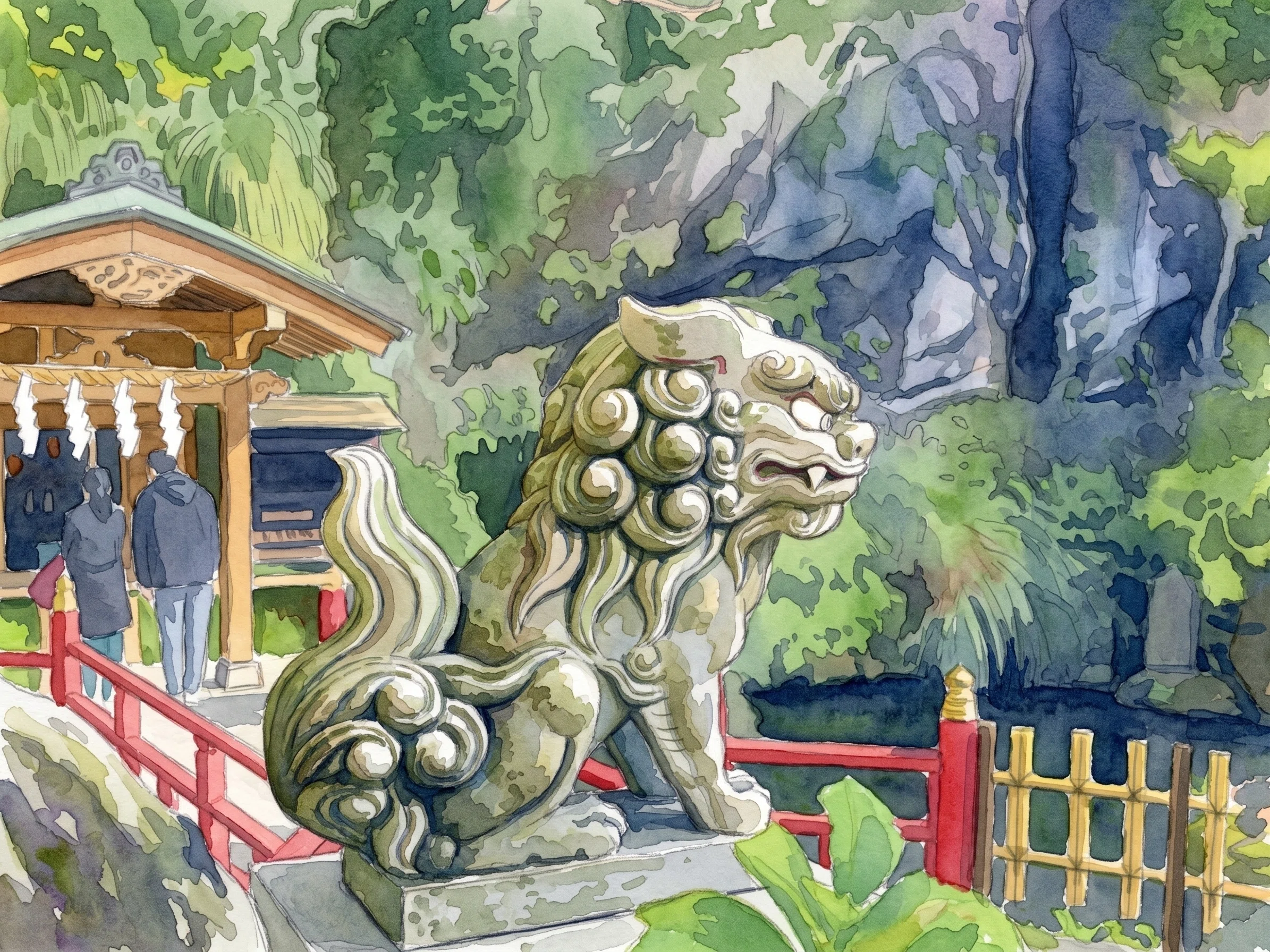 チュートリアルR3:39]鎌倉 銭洗弁財天本宮と狛犬:水彩画《基本スタイル