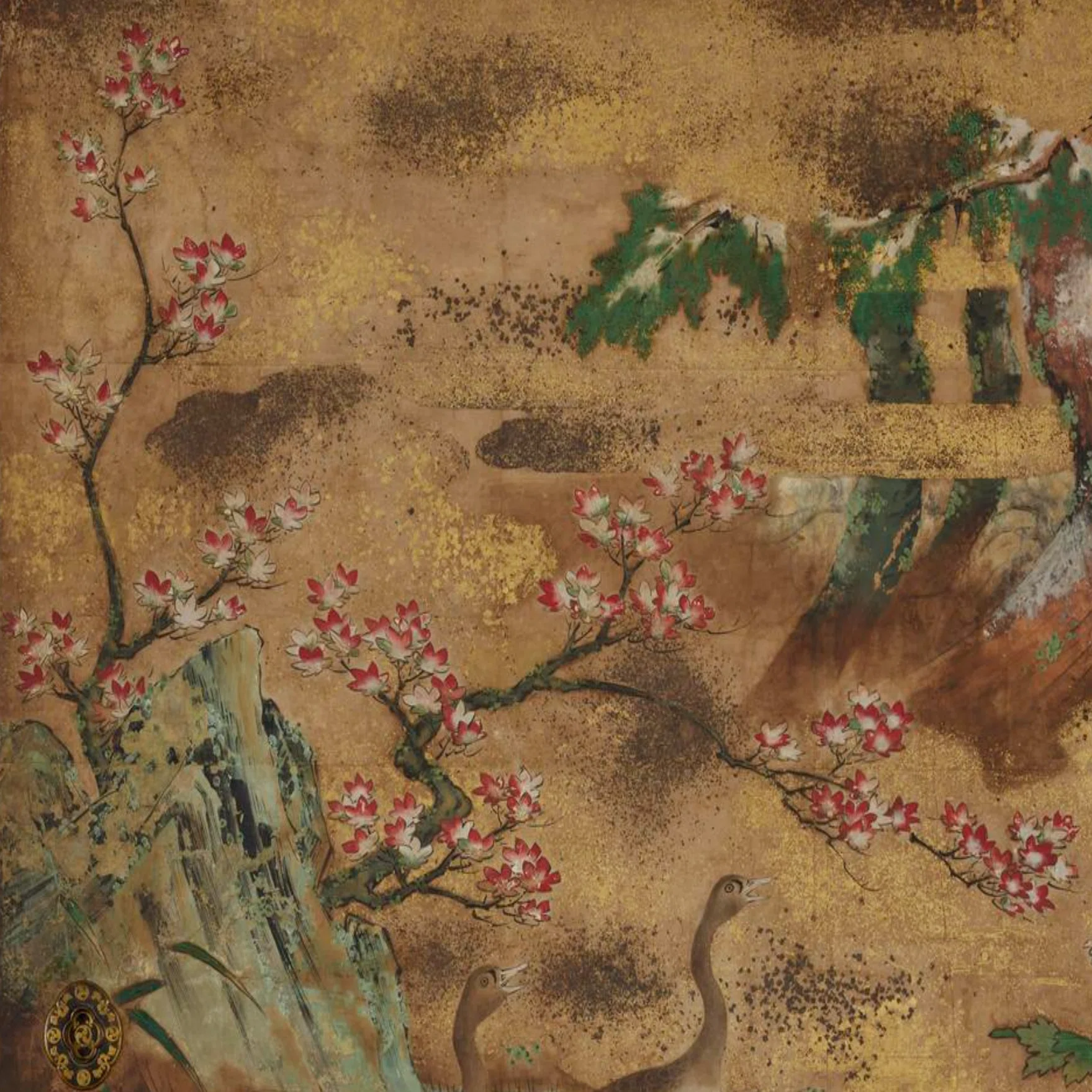 大英博物館展出品作②狩野宗眼重信《秋冬花鳥図襖》桃山時代末-江戸