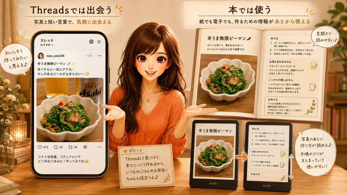Threadsと本の違いについて説明している画像
