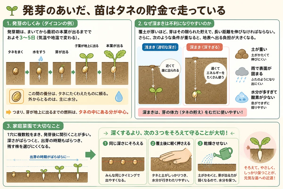 壺型種まきの発芽発根苗の一覧表 ダイコンは深く植えればいいわけではない｜発芽と根の伸び方から考える