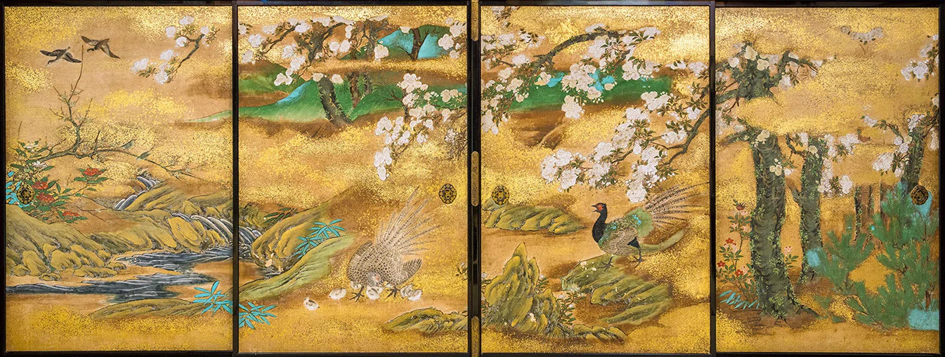 大英博物館展出品作③狩野宗眼重信《春景花鳥図襖》桃山時代末-江戸